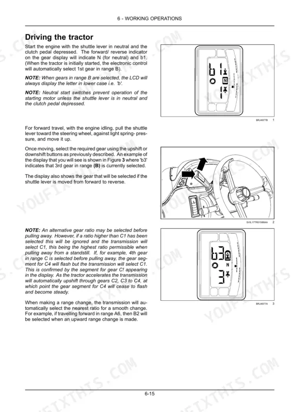 Case IH Puma 140, 150, 165 tractor operating instructions, shuttle lever usage, and gear display indicators.