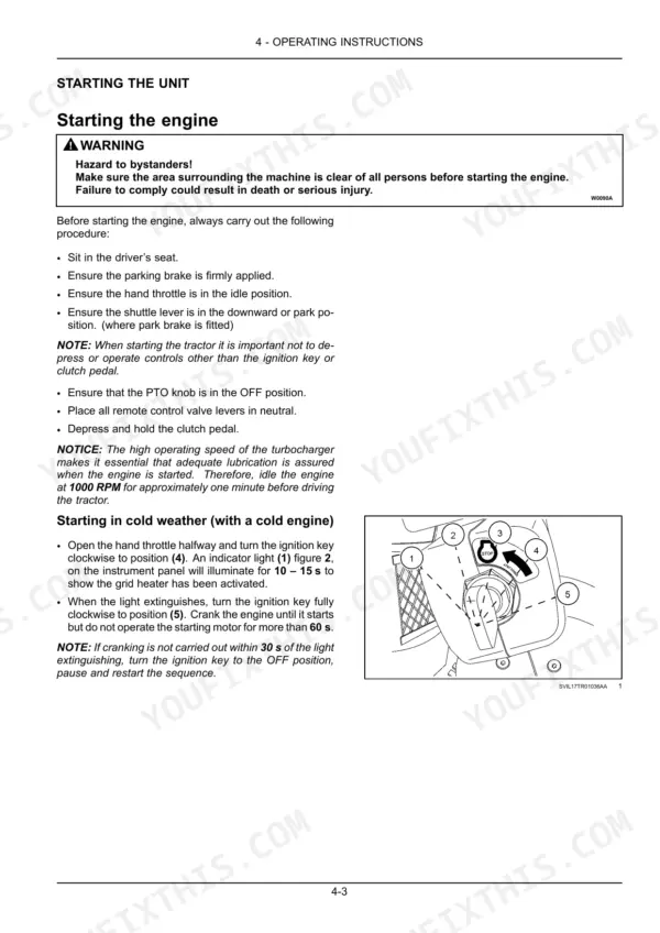 Case IH Puma 140, 150, 165 engine starting procedure and cold weather ignition switch diagram.