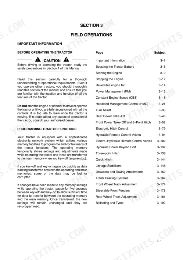 Case IH Puma 165-210 operator manual Section 3 Field Operations table of contents