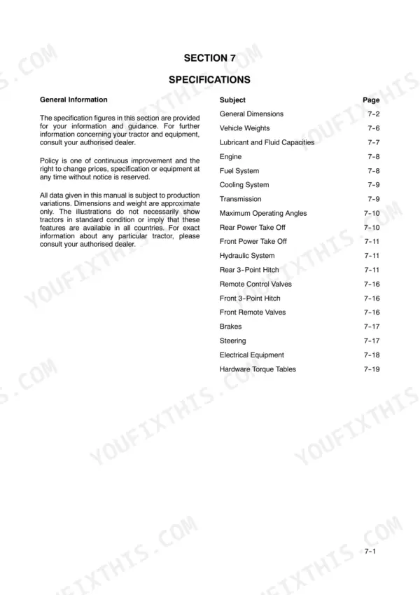 Case IH Puma 165-210 operator manual Section 7 Specifications table of contents