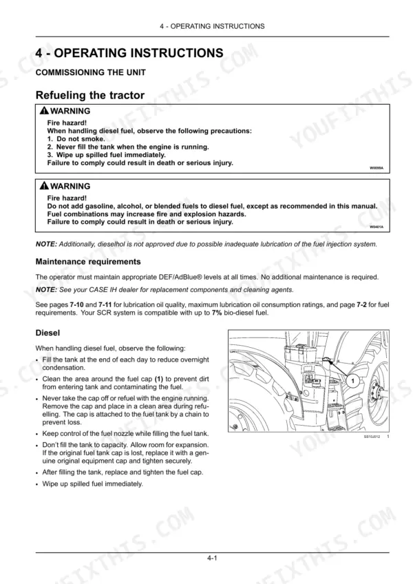 Case IH Puma 150–175 CVX operating instructions for refueling the tractor and diesel fuel safety.