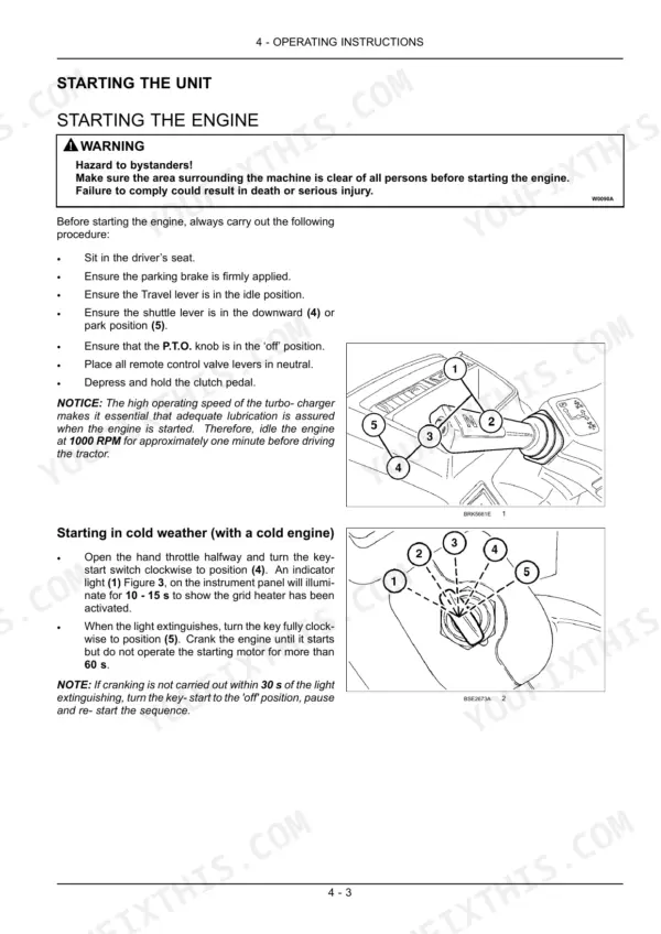 Case IH Puma 130-160 CVX engine starting procedure, shuttle lever, and ignition switch diagrams.