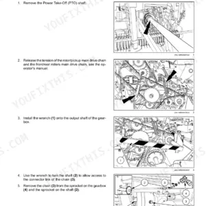 Case IH RB545 Silage Pack, RB545 SP Silage Pack gearbox removal procedure with diagrams for PTO shaft and drive chains.