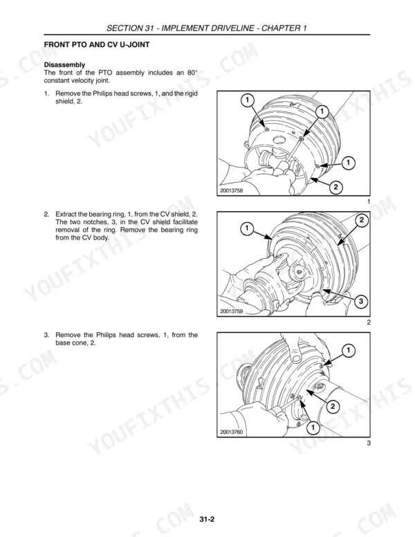 Case IH RBX-series round baler front PTO and CV U-joint disassembly procedure with shield and bearing ring diagrams.