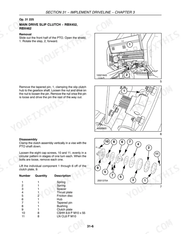 Case IH RBX452, RBX462, RBX452-462 main drive slip clutch removal and disassembly procedure with exploded view parts list.