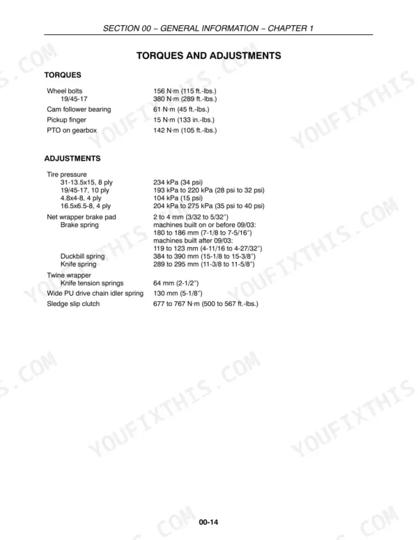 Case IH RBX452, RBX462, RBX452-462 torque specifications and adjustment settings table for baler components.