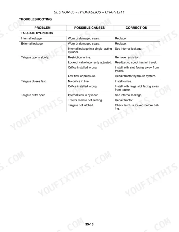 Case IH RBX452, RBX462, RBX452-462 hydraulics troubleshooting table for tailgate cylinder problems and corrections.
