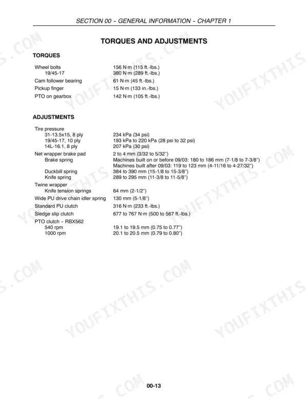 Case IH RBX-series round baler torque specifications and adjustment settings table.