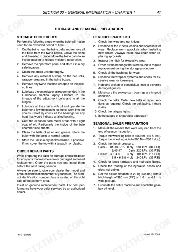 Case IH RBX453, RBX463 storage and seasonal preparation procedures, parts list, and tire pressure specifications.