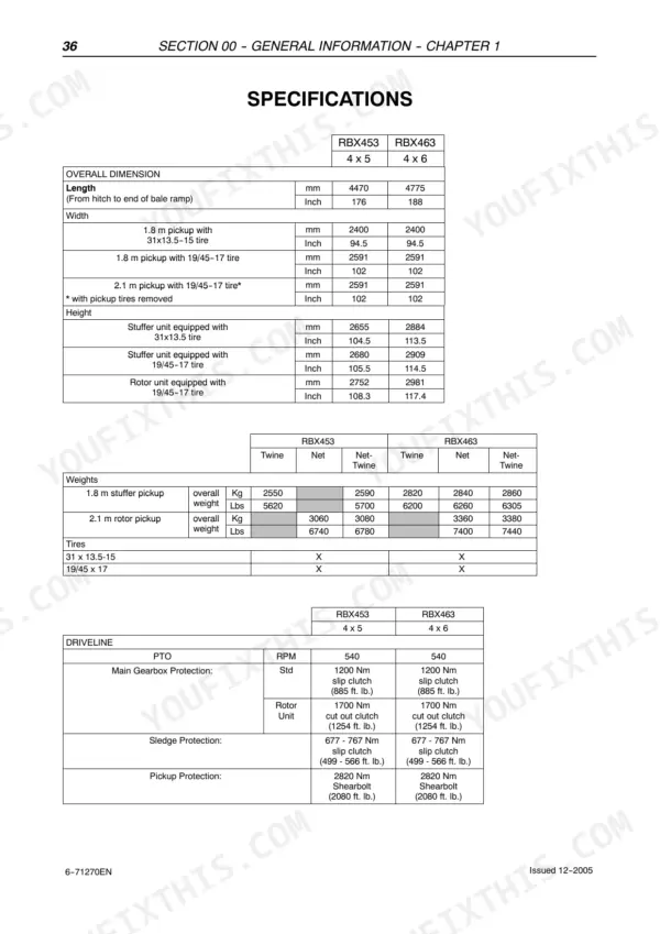 Case IH RBX453, RBX463 specifications table for dimensions, weights, tires, and driveline protection settings.