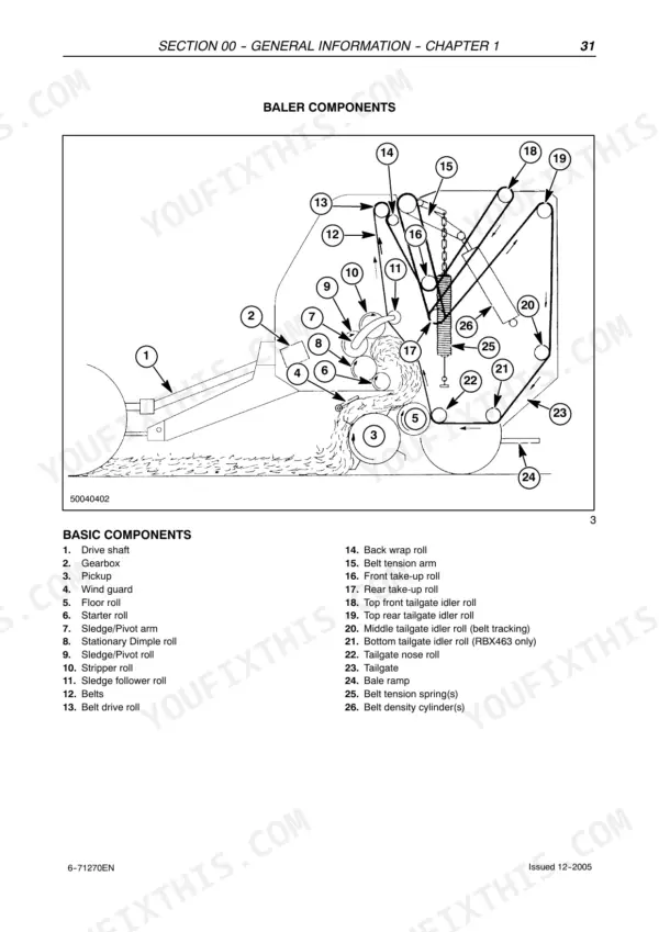 Case IH RBX453, RBX463 baler components diagram showing drive shaft, pickup, belts, and tension cylinders with parts list.