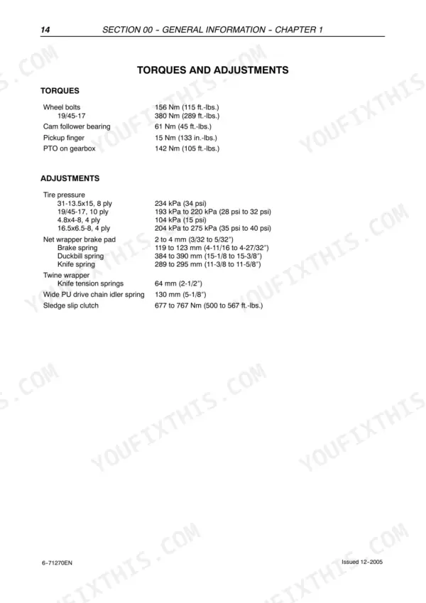 Case IH RBX453, RBX463 torque specifications and adjustment settings table for tires, springs, and clutch components.