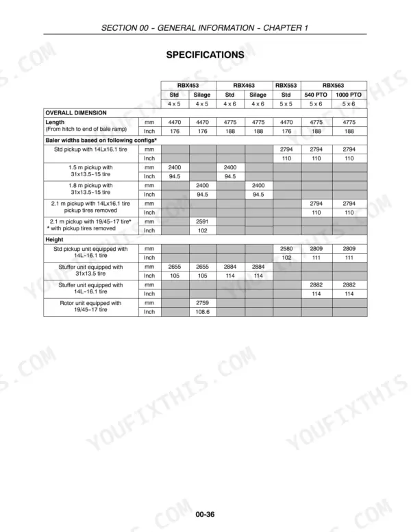 Case IH RBX453-563 specifications table for overall baler length and height dimensions