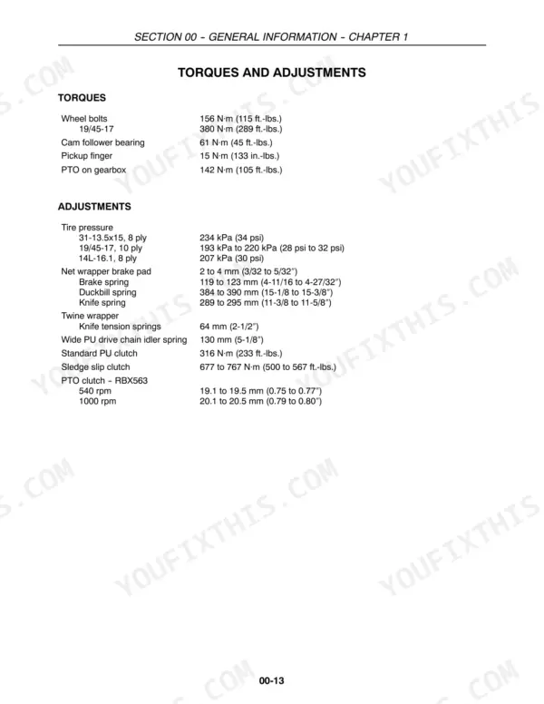Case IH RBX453-563 torque specifications and adjustment settings table for baler components