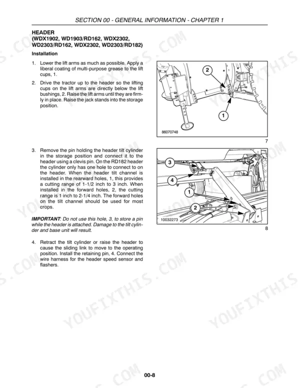 Case IH RD162, RD182 header installation procedure showing lift arm connection and tilt cylinder adjustment diagrams.