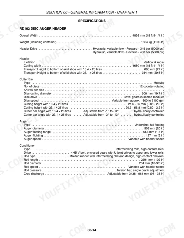 Case IH RD162, RD182 specifications table for disc auger header, cutter bar, auger, and conditioner components.