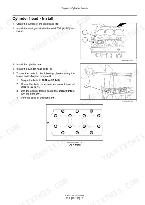 Case IH S8000 Engine, 8035.05.716... Cylinder head installation procedure, gasket placement, and bolt torque sequence diagram.