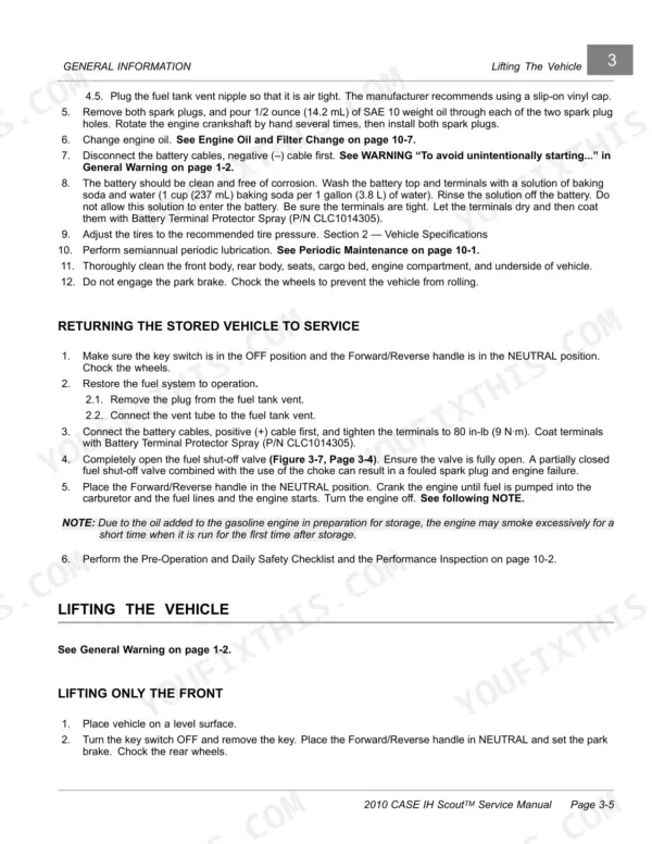 Case IH Scout Utility Vehicle service manual page covering vehicle storage preparation, returning to service, and lifting procedures.