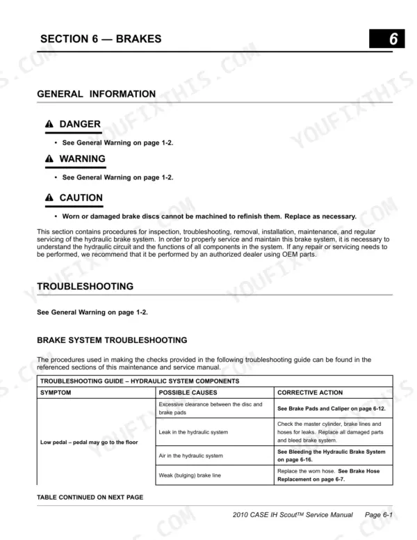 Case IH Scout Utility Vehicle brake system troubleshooting table for low pedal symptoms and hydraulic causes.