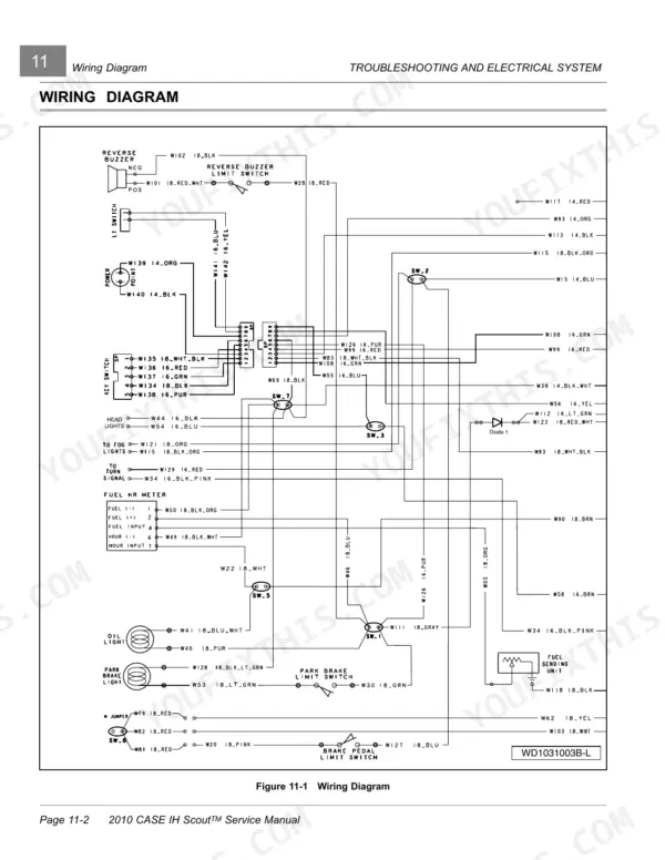 Case IH Scout Utility Vehicle electrical wiring diagram showing key switch, reverse buzzer, and fuel sending unit.
