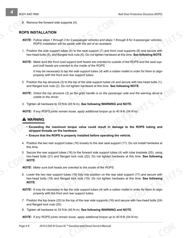 Case IH Scout XL, Scout XLT ROPS installation procedure, torque specifications, and safety warnings for support tube assembly.
