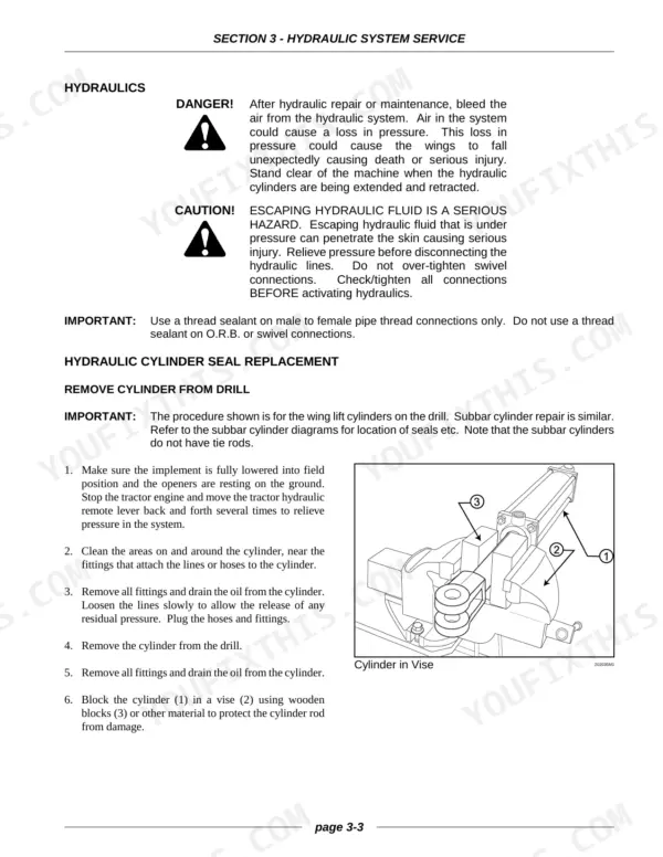 Case IH SDX30, SDX40 hydraulic cylinder seal replacement procedure and vise diagram for wing lift cylinders.