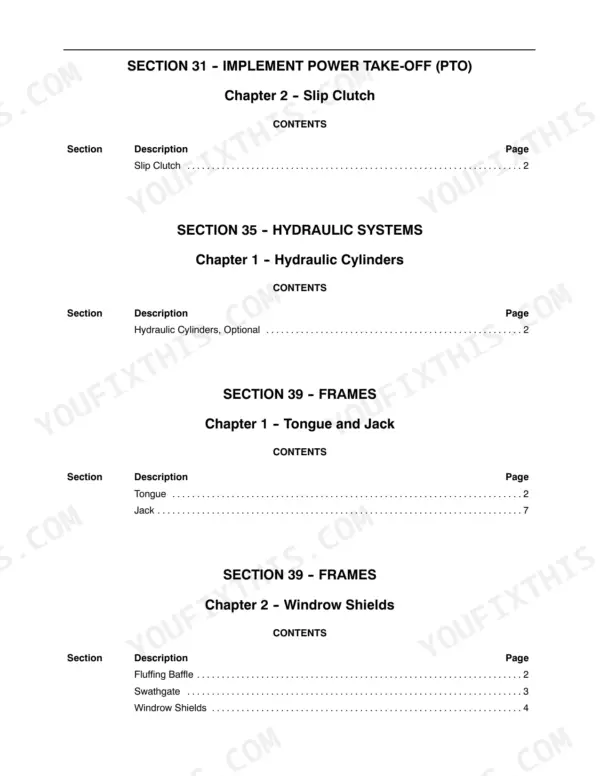 Case IH SMX91, SMX91 Mower-Conditioner table of contents for PTO, hydraulic systems, frames, and windrow shields.