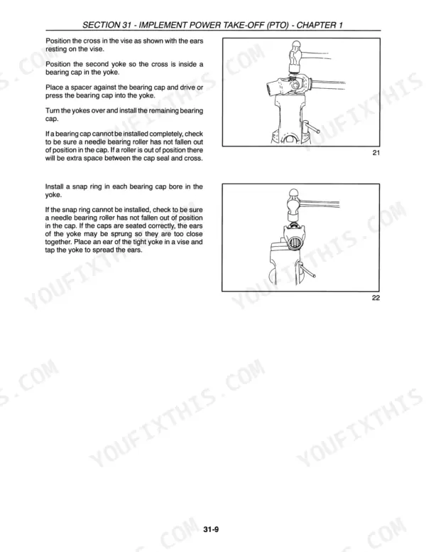 Case IH SMX91, SMX91 Mower-Conditioner PTO universal joint bearing cap installation and snap ring procedure diagrams.