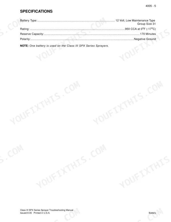 Case IH SPX3310, SPX3200, SPX3185, SPX3150, Class III SPX Series Patriot Sprayers: Battery specifications table.