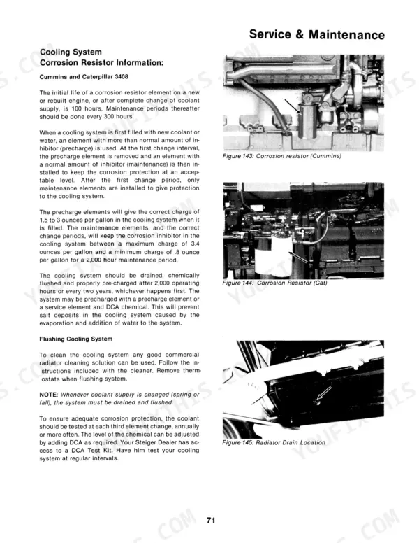 Case IH ST450, ST470, ST 450 Tiger III, ST 470 Tiger III cooling system maintenance, corrosion resistor, and drain guide.