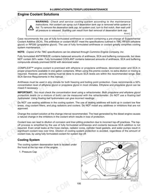Case IH Steiger 280-530 Tractor maintenance manual: Engine coolant solutions, SCA requirements, and deaeration tank diagram.