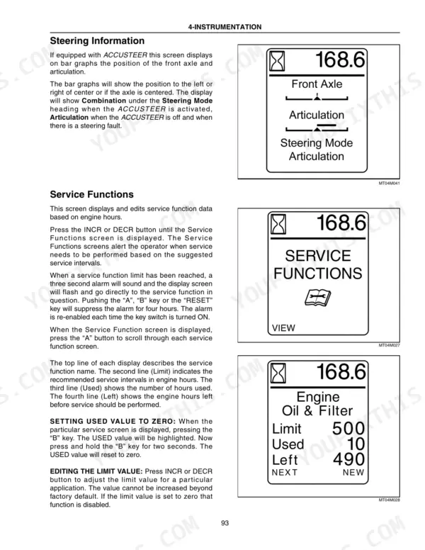 Case IH Steiger Series Tractor manual page 93 showing Accusteer steering information and service functions display screens.