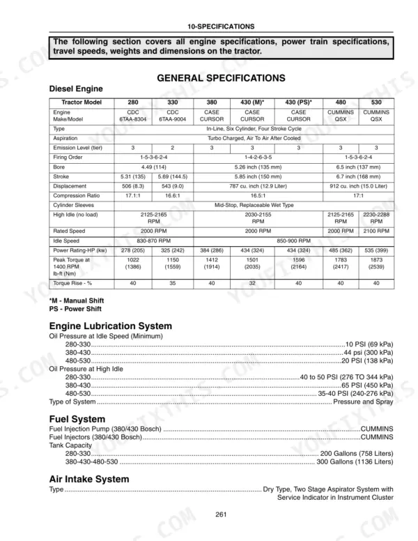 Case IH Steiger 280-530 Series Tractor general engine, lubrication, fuel, and air intake system specifications table.