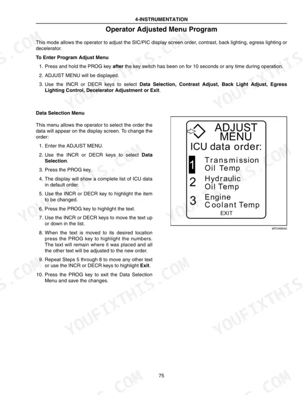 Case IH Steiger Series Tractor Operator Adjusted Menu Program and ICU data order display screen configuration procedure.
