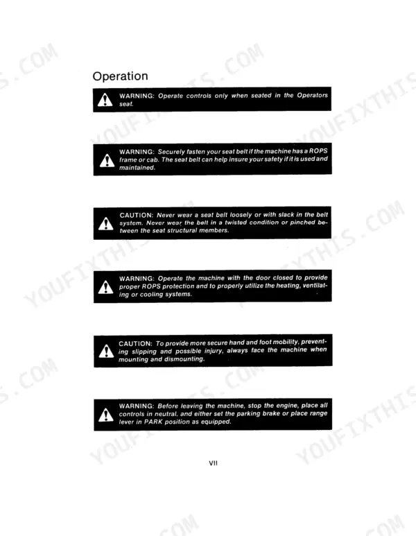 Case IH Tractor operator manual page showing safety warnings for seat belts, ROPS, mounting, and parking procedures.