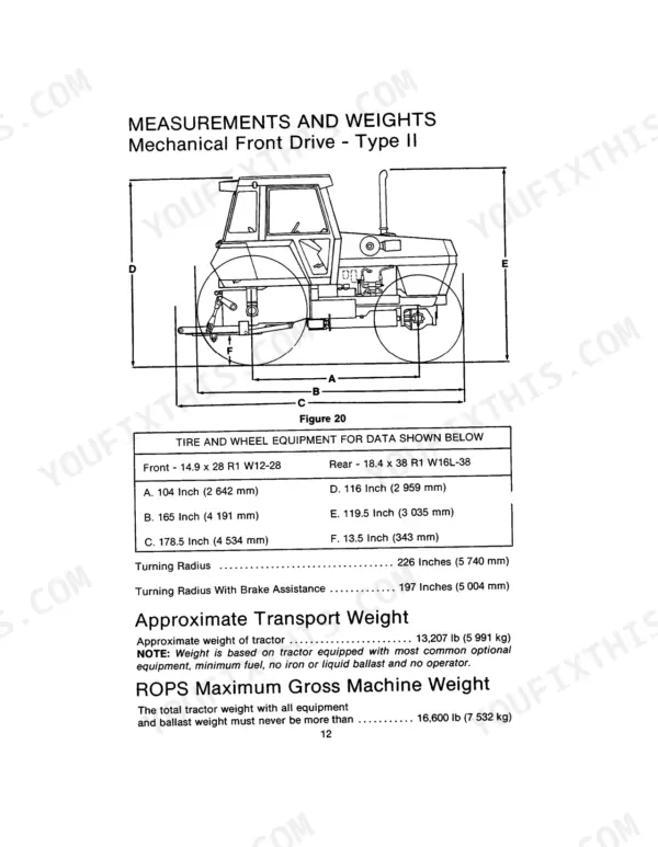 Case IH Tractor mechanical front drive measurements, weights, tire specifications, and turning radius diagram.