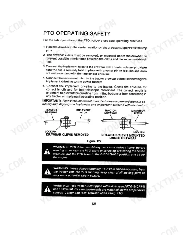 Case IH Tractor PTO operating safety procedures, drawbar clevis diagrams, and PTO warning labels.