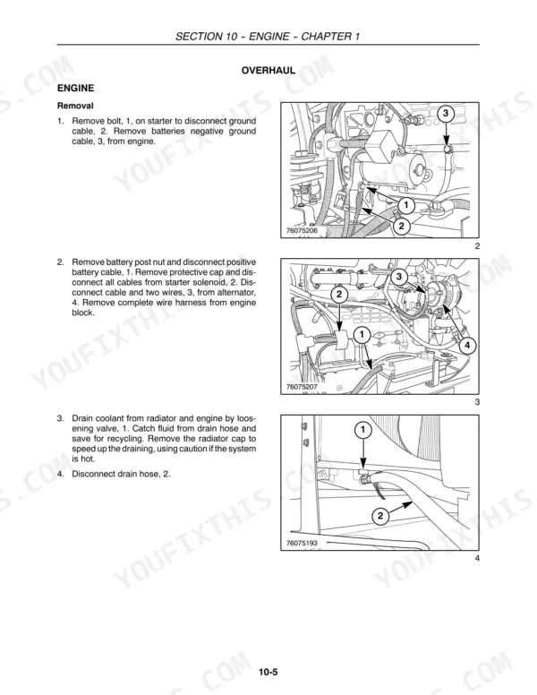 Case IH WD1903, WD2303 engine removal procedures, starter, alternator, and radiator drain hose diagrams.