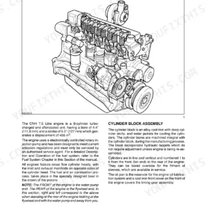 Case IH WDX1902, WDX2302 engine diagram showing CNH 7.5L cylinder block assembly and operation description.