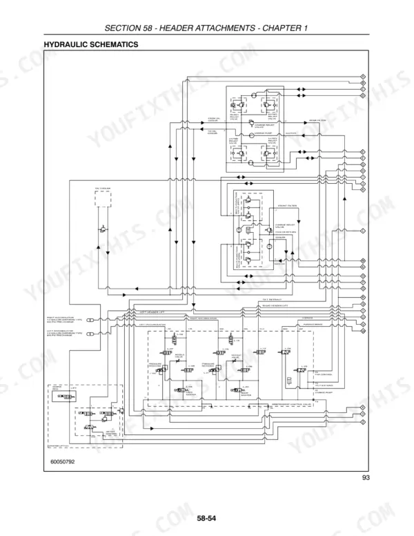 Case IH WDX1902, WDX2302 hydraulic schematic diagram for header attachment systems including accumulators and valves.