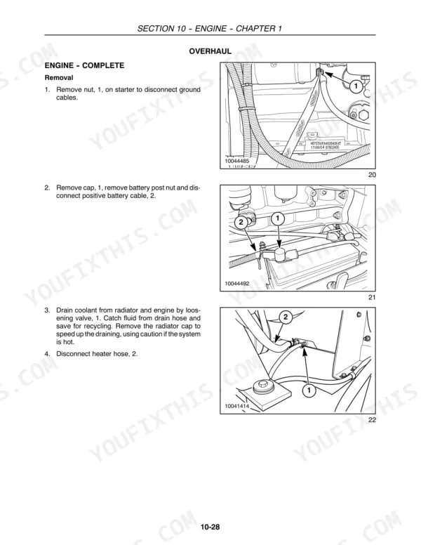 Case IH WDX1902, WDX2302 engine removal procedure: disconnecting starter, battery cables, and draining coolant.