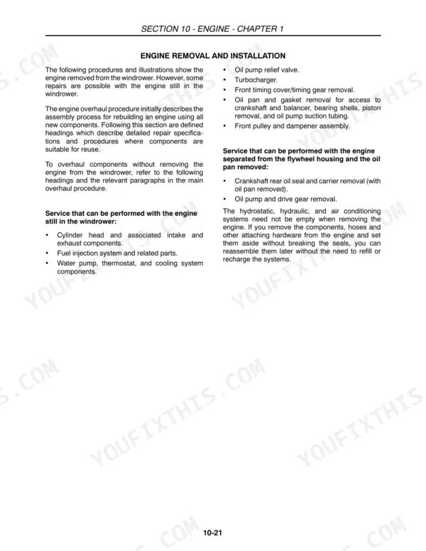 Case WDX901–WDX1701 engine removal and installation procedures, listing components serviceable in-frame.