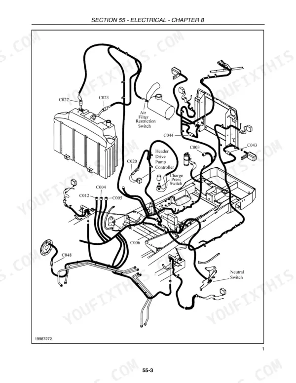 Case WDX901–WDX1701 electrical wiring harness diagram showing air filter, header drive, and neutral switches.