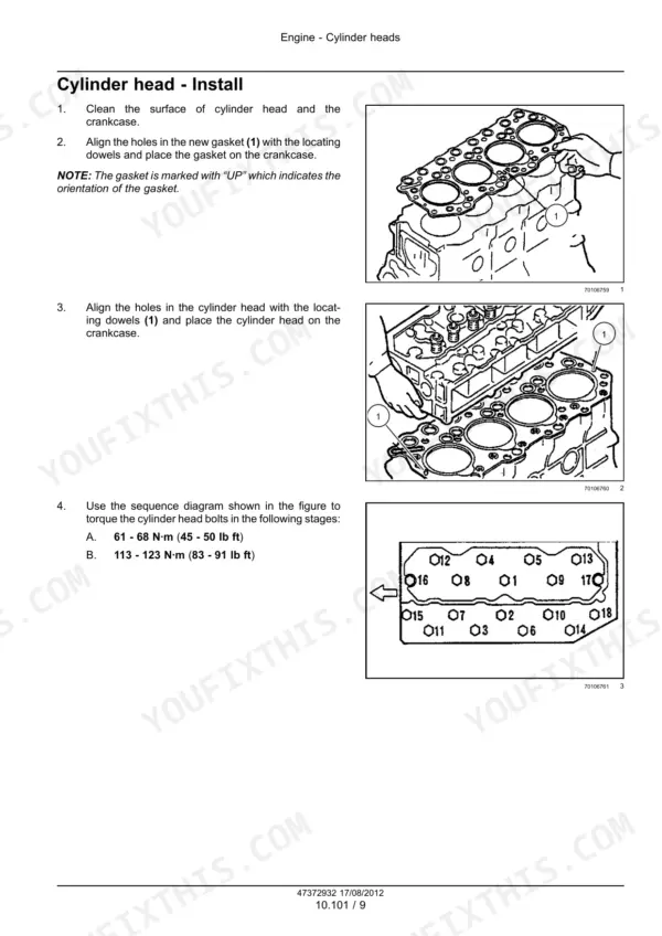 Case IH S4Q2, S4Q, S4Q-Y161GT, S4Q2-Y161GT cylinder head installation procedure, gasket placement, and bolt torque sequence.