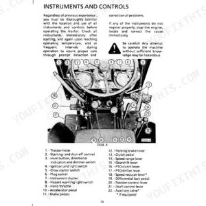 Case International 433-833 tractor controls diagram showing instrument cluster, pedals, and levers with numbered key list.