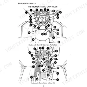 Case International 533, 633, 733, 833, 933 tractor operator manual page showing instrument and control panel diagrams.