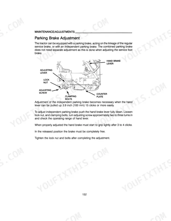 Case International 533, 633, 733, 833, 933 parking brake adjustment procedure and linkage diagram.