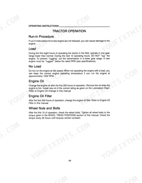 Case International 533, 633, 733, 833, 933 engine run-in procedure, oil change, and wheel bolt maintenance instructions.