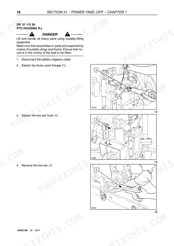 Case JX1070U, JX1080U, JX1090U, JX1100U PTO housing removal procedure showing linkage and tow bar detachment steps.