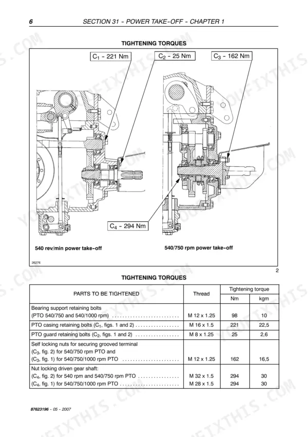 Case JX1070U, JX1080U, JX1090U, JX1100U PTO tightening torque diagrams and specification table for bolts and nuts.